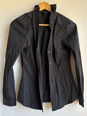 White House Black Market Black Ruffle Front Button Blouse XXS